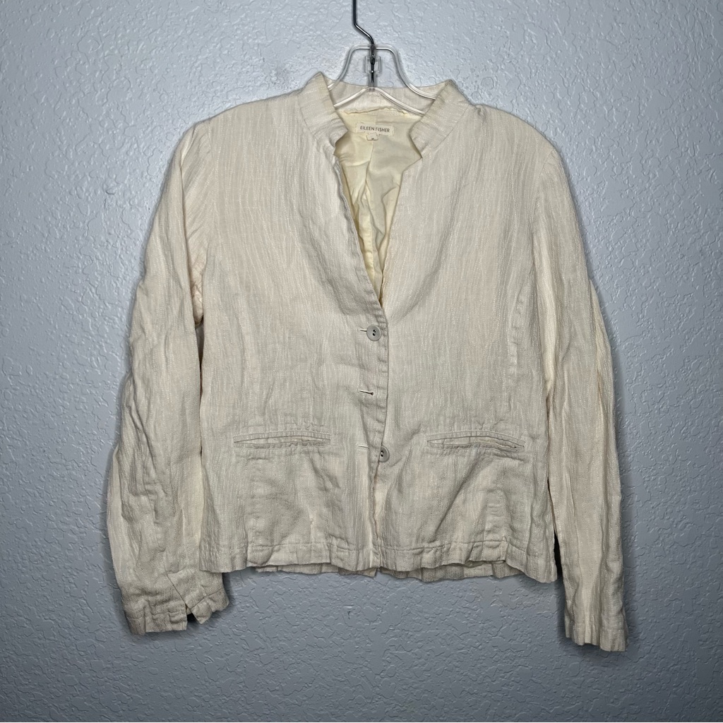 Eileen Fisher 100% Linen Blazer Jacket Button Front Lagenlook Beach Small.